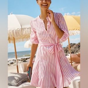 SOLD!!! Boden pink and white striped shirt dress with sash